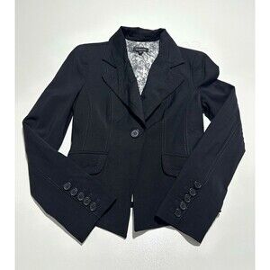 BEBE Vintage Y2K Black Fitted Blazer Jacket Size 4 87% Wool Floral Lining USA